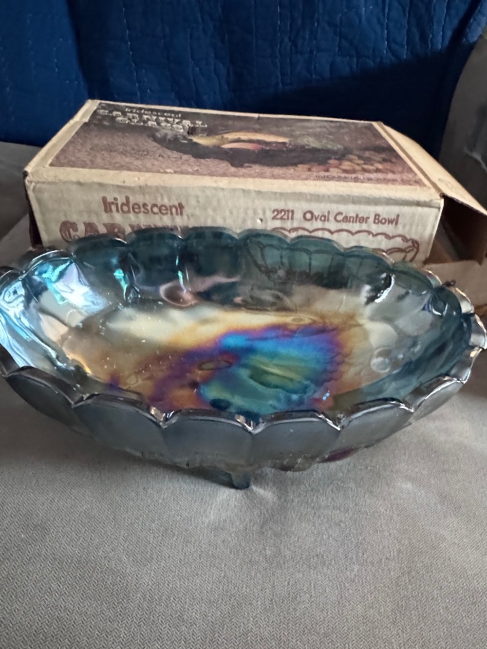 Vintage Indiana Glass Blue Carnival Footed Iridescent 2211 Oval Center Bowl